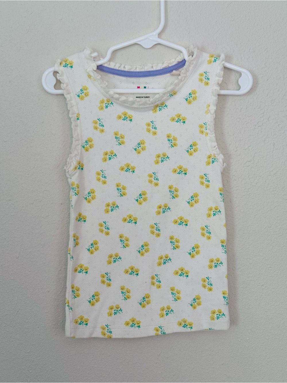 Mini Boden Pointelle Floral Ruffle Tank Top - White & Yellow